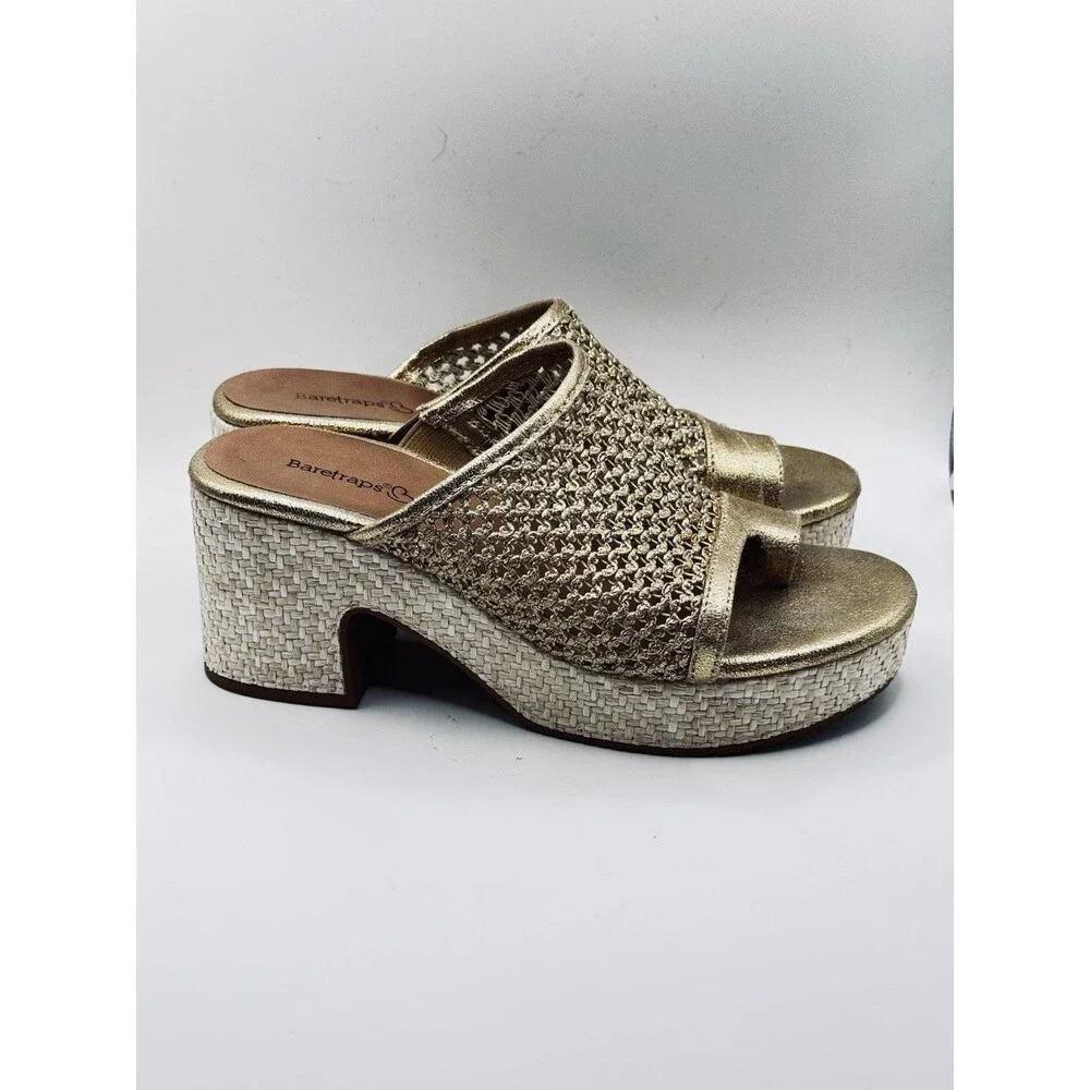 Baretraps Womens Size 7 Gold Metallic Platform Sandals Woven Boho 3” Heel